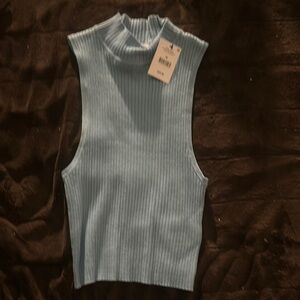 Light Blue knit mock neck  Ribbed Sleeveless Top